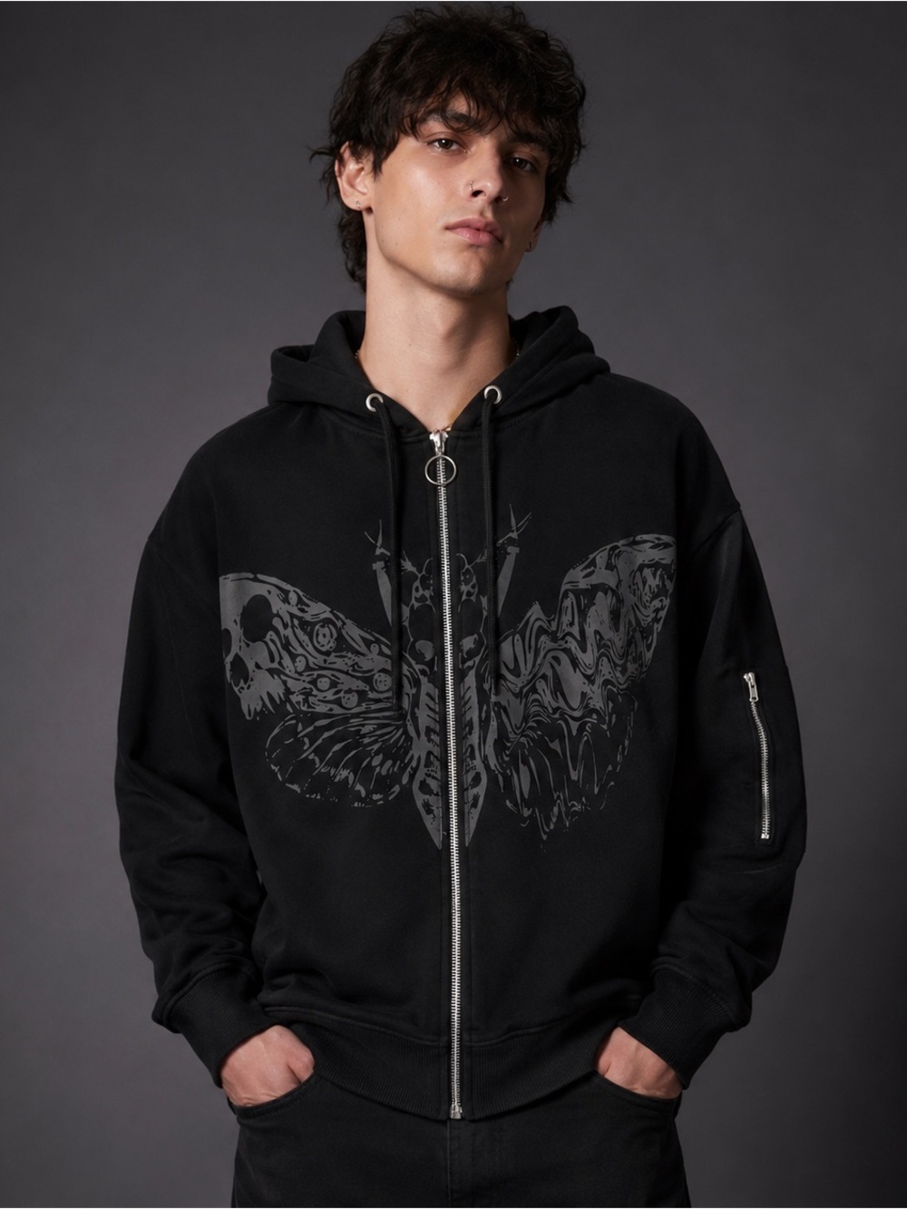 Hot Topic Trippy Death Moth Zip-Up Hoodie Gothic Scull Cotton Blend Streetwear